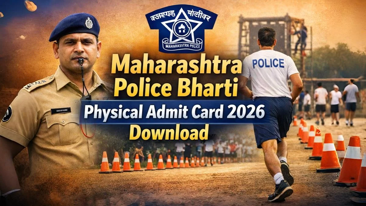 Maharashtra Police Bharti Physical Admit Card 2026 Download banner with police officer and running test scene