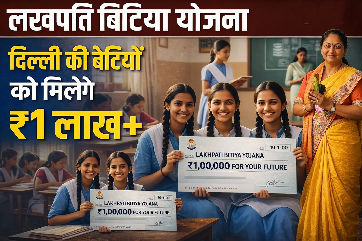 लखपति बिटिया योजना पोस्टर जिसमें स्कूली छात्राएं ₹1 लाख का चेक पकड़े हुए दिखाई दे रही हैं।